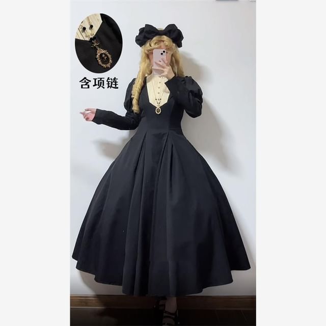 Long-Sleeve Band Collar Two Tone Midi A-Line Dress / Wrist Cuff / Pendant Necklace / Set