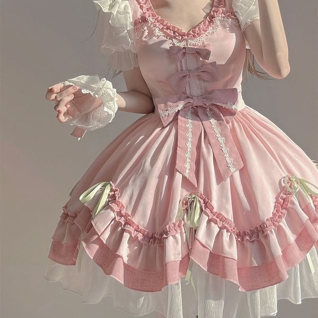 Short-Sleeve Bow Ruffle Trim Lace Panel Mini A-Line Dress / Wrist Cuff / Petticoat Skirt / Set