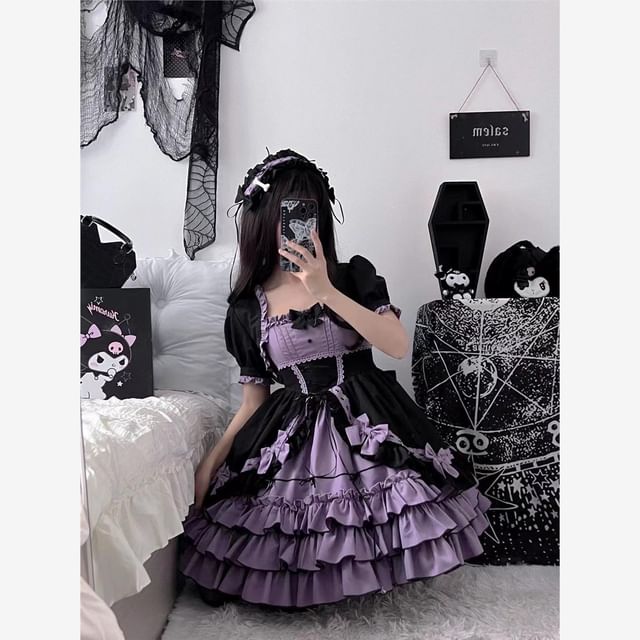 Spaghetti Strap Two Tone Bow Tiered Ruffle Trim A-Line Dress / Short-Sleeve Bolero Jacket / Set (Various Designs)