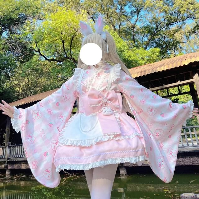 Long-Sleeve Rabbit Print Lace Trim Kimono Top / High Rise Tiered Mini A-Line Skirt / Apron / Bow Sash / Ear Headband / Set