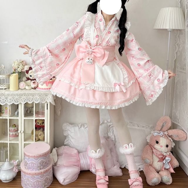 Long-Sleeve Rabbit Print Lace Trim Kimono Top / High Rise Tiered Mini A-Line Skirt / Apron / Bow Sash / Ear Headband / Set