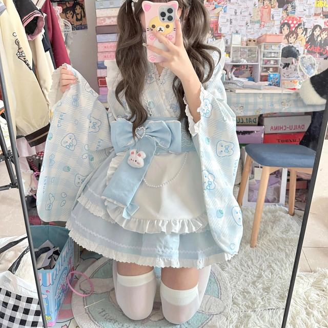 Long-Sleeve Rabbit Print Lace Trim Kimono Top / High Rise Tiered Mini A-Line Skirt / Apron / Bow Sash / Ear Headband / Set