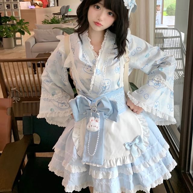 Long-Sleeve Rabbit Print Lace Trim Kimono Top / High Rise Tiered Mini A-Line Skirt / Apron / Bow Sash / Ear Headband / Set