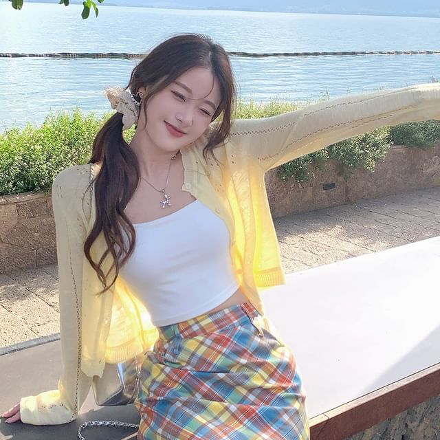 Crew Crop Button-Up Plain Neck Perforated Cardigan