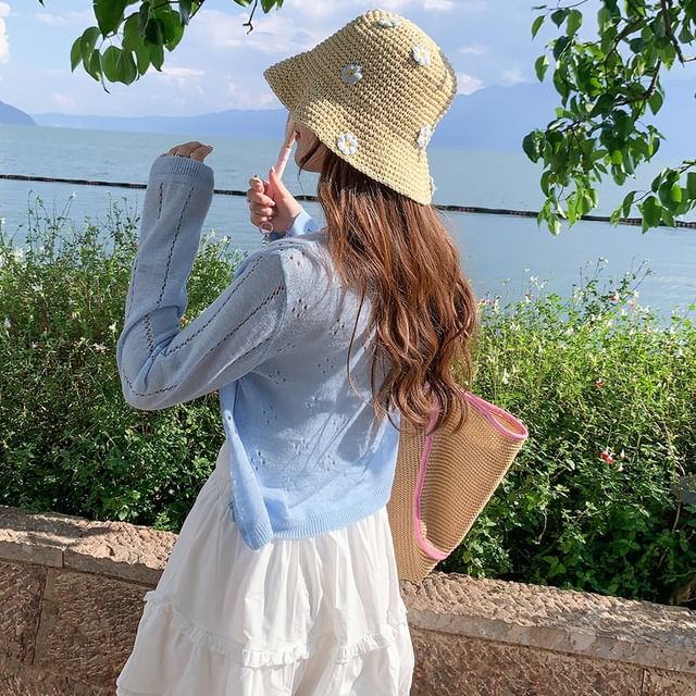 Crew Crop Button-Up Plain Neck Perforated Cardigan