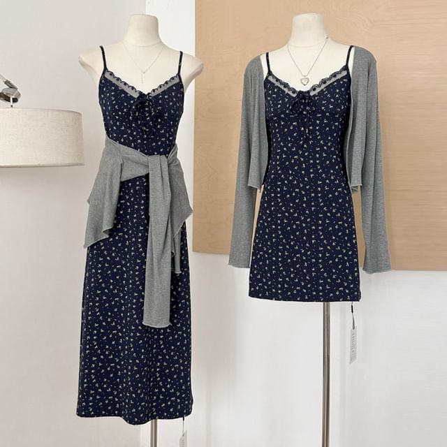 Trim Print Open Front A-Line (Various Dress Designs) Cardigan Strap Floral Plain + Lace Spaghetti Set: V-Neck