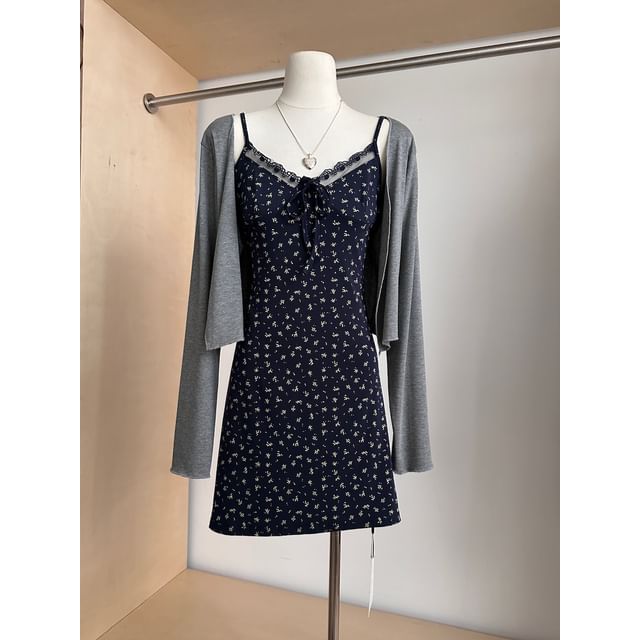 Trim Print Open Front A-Line (Various Dress Designs) Cardigan Strap Floral Plain + Lace Spaghetti Set: V-Neck