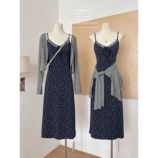 Trim Print Open Front A-Line (Various Dress Designs) Cardigan Strap Floral Plain + Lace Spaghetti Set: V-Neck