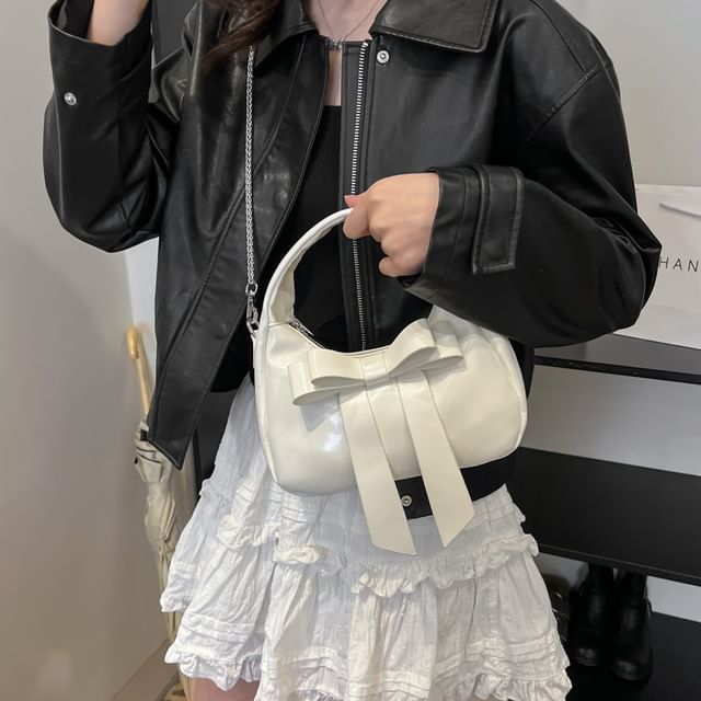 Bag Bow Plain Crossbody Leather Chain Faux Accent Strap