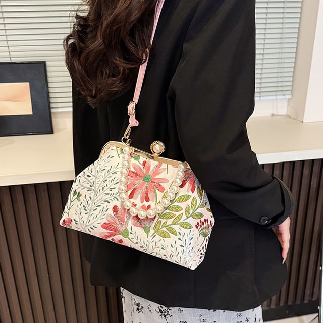 Pearl Bag Jacquard Strap Faux Crossbody Floral