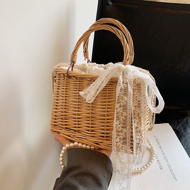 Crossbody Pearl Drawstring Set: + Faux Bag Straw Strap Scarf