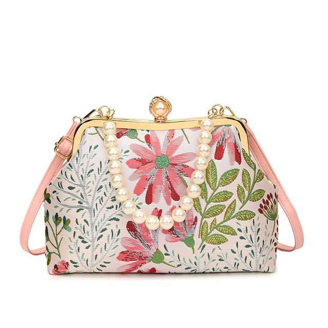 Pearl Bag Jacquard Strap Faux Crossbody Floral
