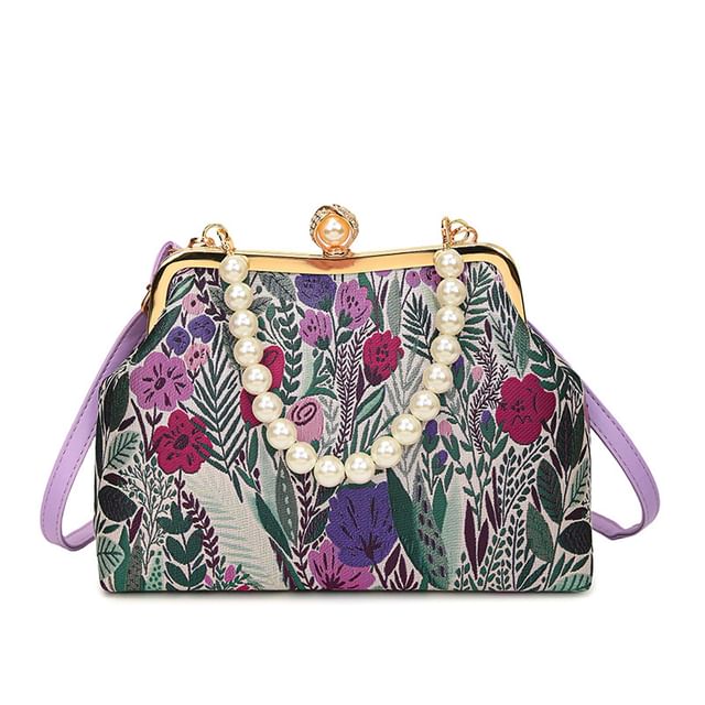 Pearl Bag Jacquard Strap Faux Crossbody Floral