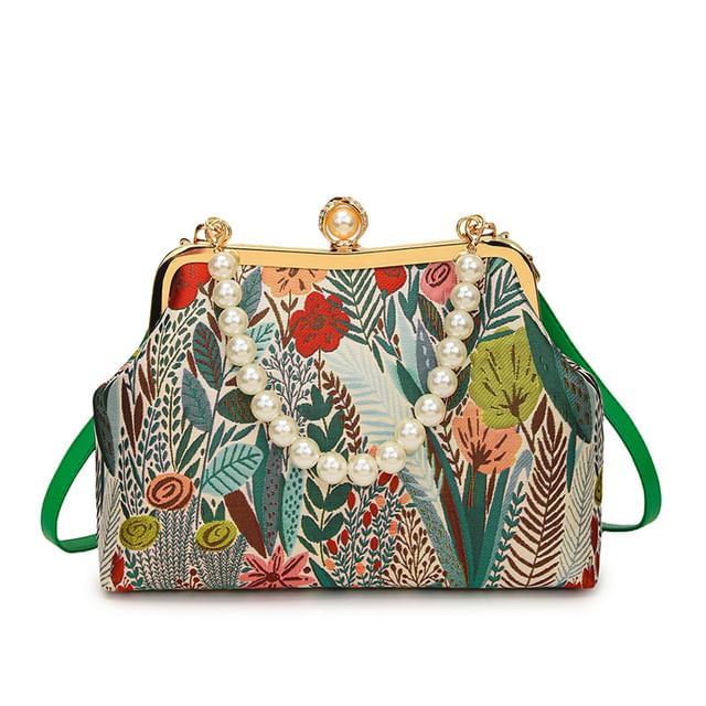 Pearl Bag Jacquard Strap Faux Crossbody Floral
