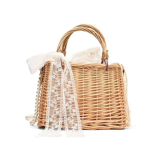 Crossbody Pearl Drawstring Set: + Faux Bag Straw Strap Scarf