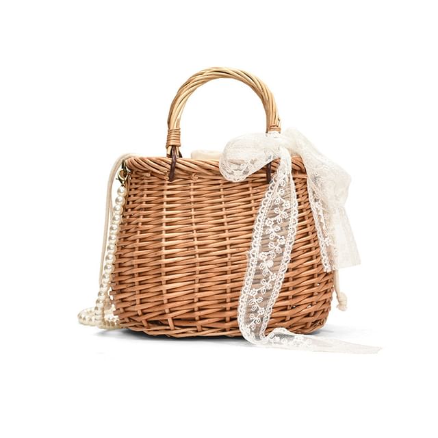 Crossbody Pearl Drawstring Set: + Faux Bag Straw Strap Scarf