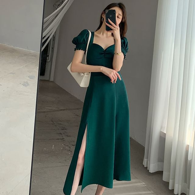 Plain A-Line Slit Puff Neck Sleeve Midi Dress Sweetheart