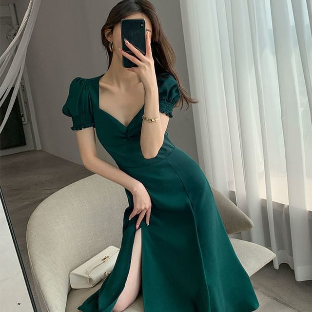 Plain A-Line Slit Puff Neck Sleeve Midi Dress Sweetheart