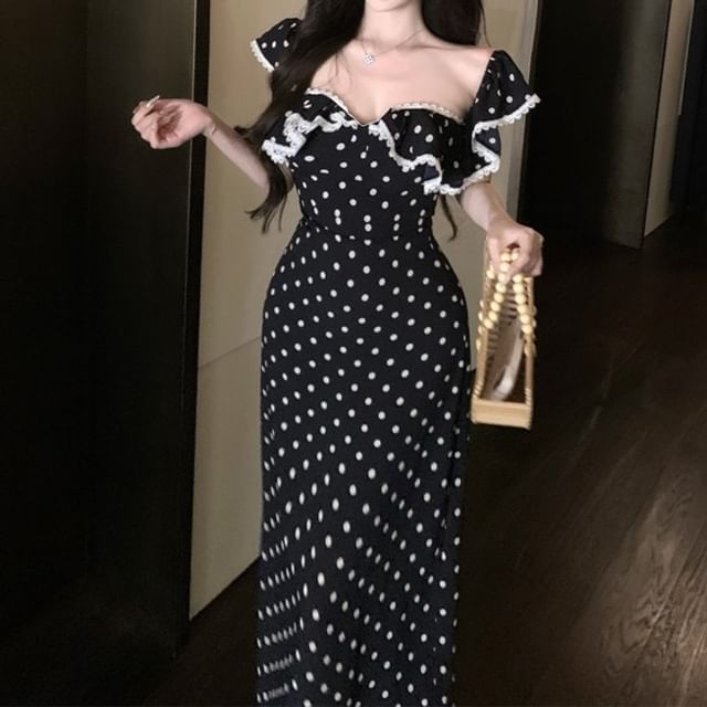 Dress Fit Top Tank Sheath Slim Ruffle Lace Cap-Sleeve / Dotted Maxi Trim