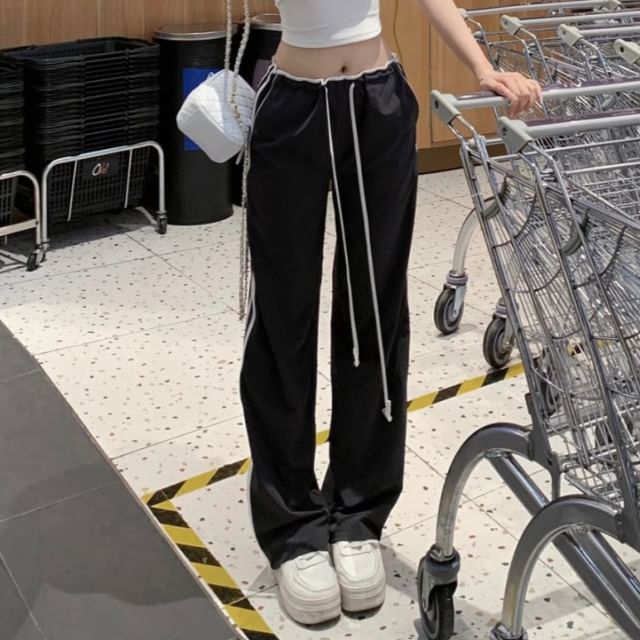 Crop Plain Waist Drawstring Loose Off-Shoulder Pants Tee / Striped Fit Short-Sleeve Trim