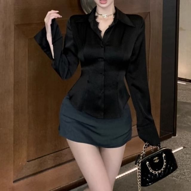 Collared / Button-Up High Mini Long-Sleeve Plain Blouse Rise Lace Trim Pencil Skirt