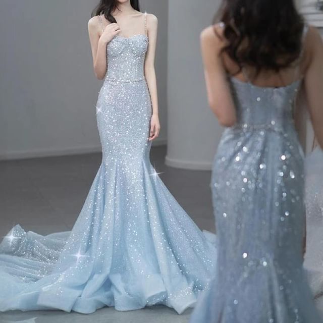 Spaghetti Strap Sequin Trained Open Back Mermaid Evening Gown
