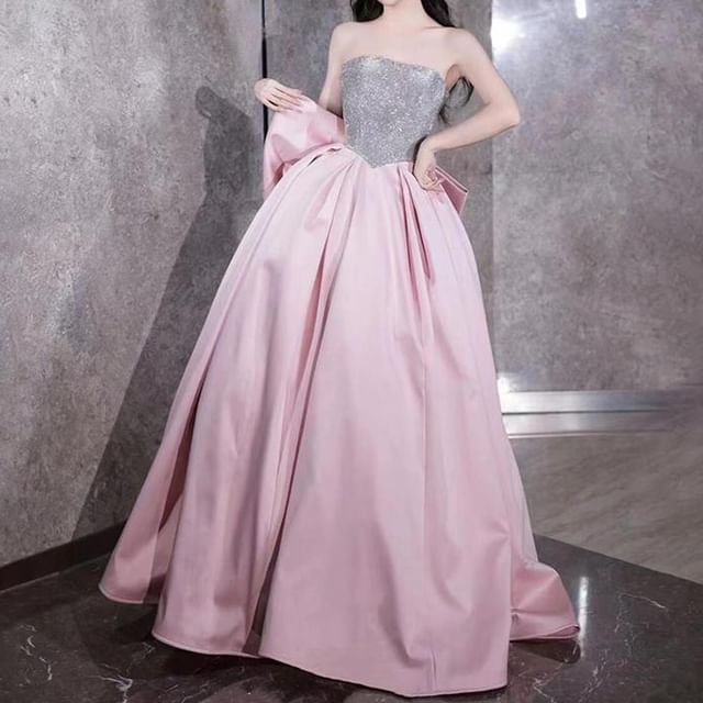 Strapless Sequin Panel Bow Back Ball Gown