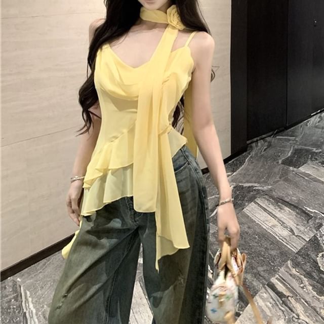 + Crop Top Hem V-Neck Plain Asymmetrical Camisole Set: Scarf Ruffle