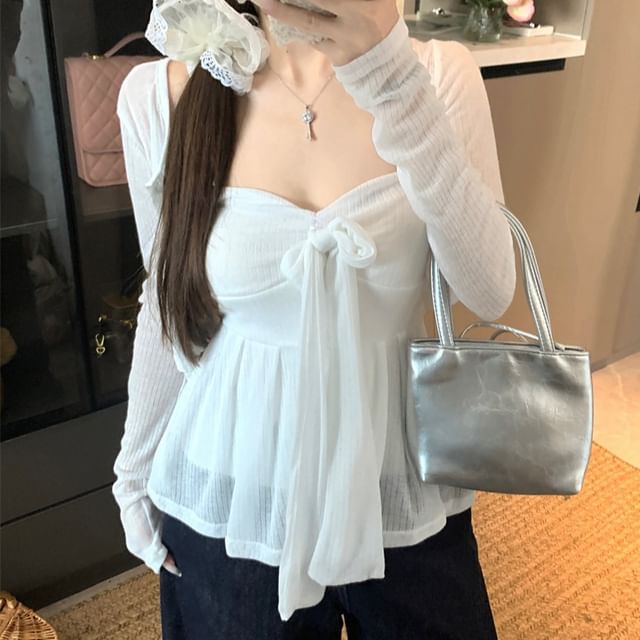 Bow Flowy Accent Tube Crop / Top Neckline Sweetheart Neck Round Cardigan Plain Button-Up