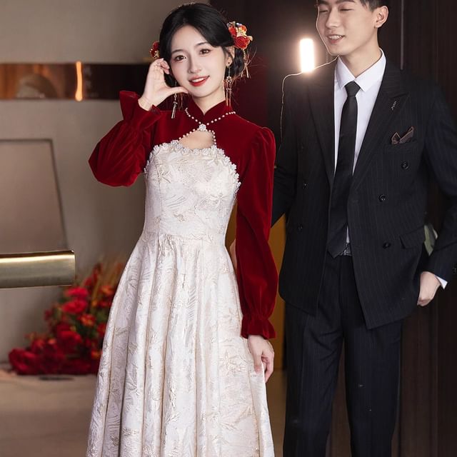 Jacquard Chinese A-Line Puff-Sleeve Floral Faux Wedding Pearl Dress