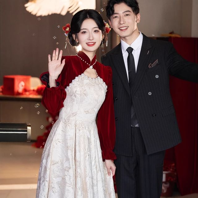 Jacquard Chinese A-Line Puff-Sleeve Floral Faux Wedding Pearl Dress