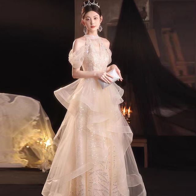 Cold-Shoulder Sequined Ruffled A-Line Evening Gown