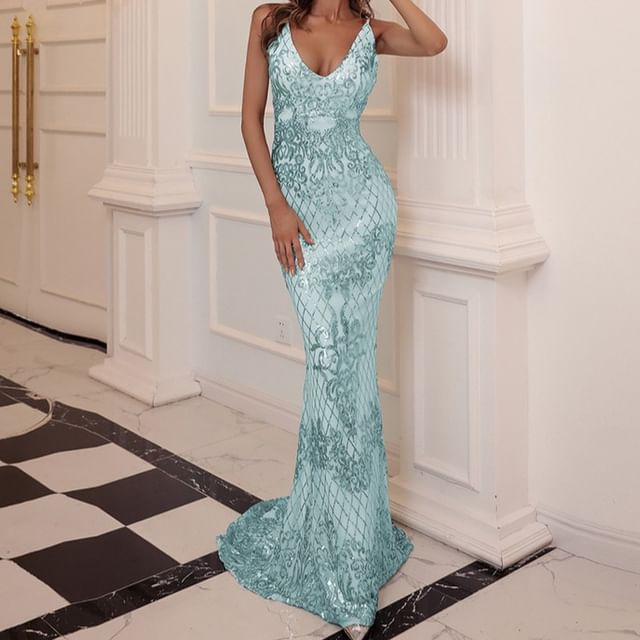 Spaghetti Strap V-Neck Patterned Sequin Mermaid Evening Gown