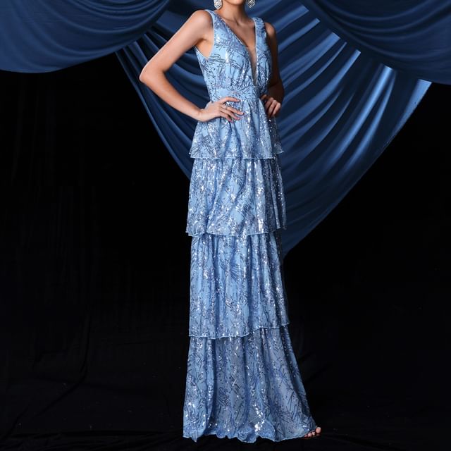 Sleeveless V-Neck Plunge Sequin Tiered A-Line Evening Gown