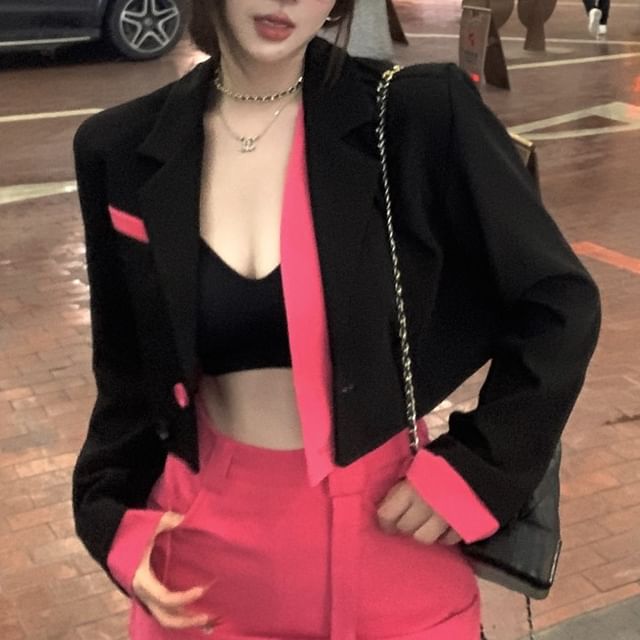 (Various Skirt High / Two-Piece Notch Waist Mock Plain Designs) Mini Lapel Tone Two Pencil Blazer