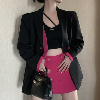 (Various Skirt High / Two-Piece Notch Waist Mock Plain Designs) Mini Lapel Tone Two Pencil Blazer