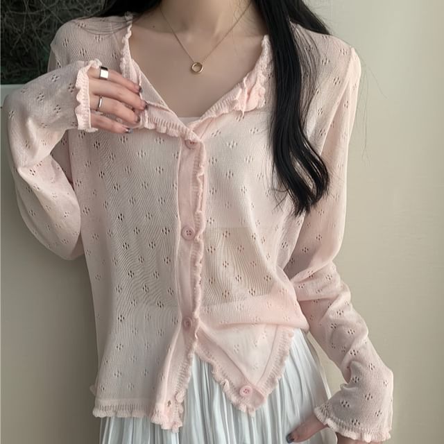 Cardigan Plain Pointelle Edge Knit Lettuce