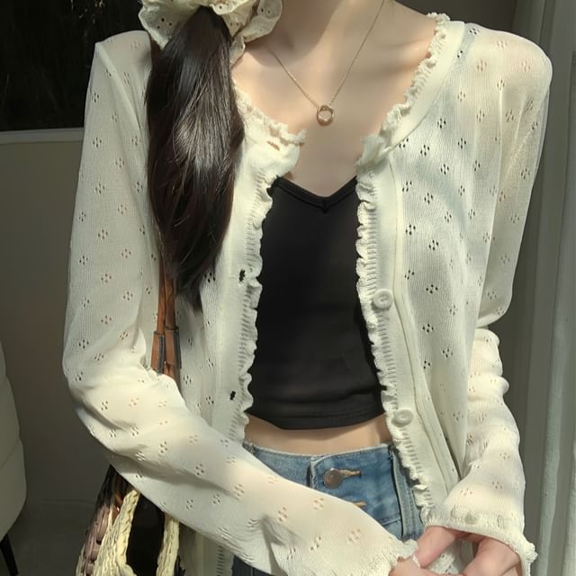 Cardigan Plain Pointelle Edge Knit Lettuce