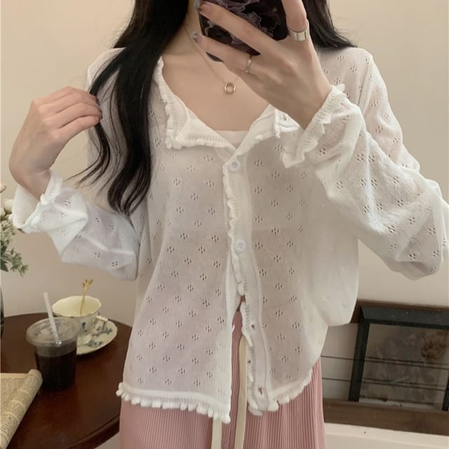 Cardigan Plain Pointelle Edge Knit Lettuce