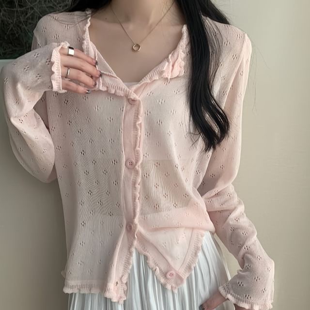 Cardigan Plain Pointelle Edge Knit Lettuce