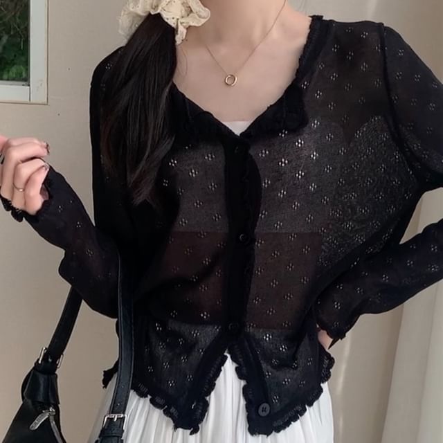 Cardigan Plain Pointelle Edge Knit Lettuce