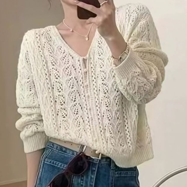 Pointelle Faux Plain Button V-Neck Knit Cardigan Pearl