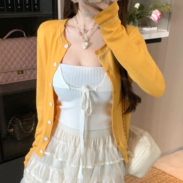 Round Cardigan Stitching Contrast Neck Knit Plain Ribbed Tank Top Crop Front / Tie