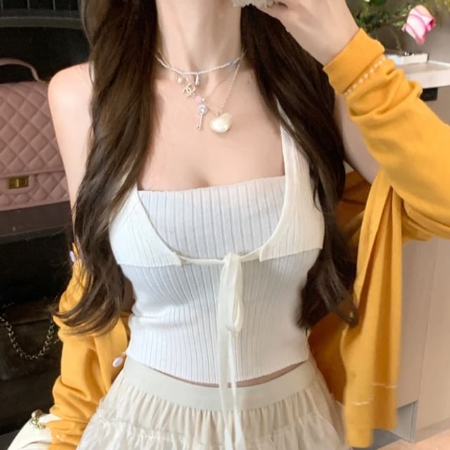 Round Cardigan Stitching Contrast Neck Knit Plain Ribbed Tank Top Crop Front / Tie