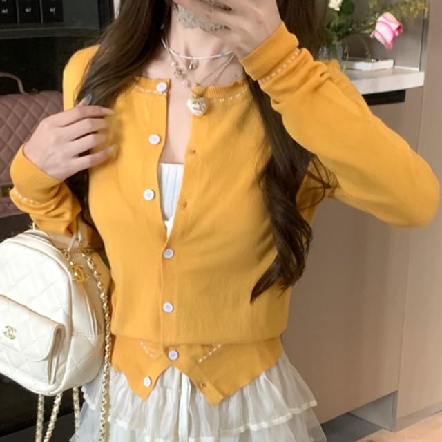 Round Cardigan Stitching Contrast Neck Knit Plain Ribbed Tank Top Crop Front / Tie