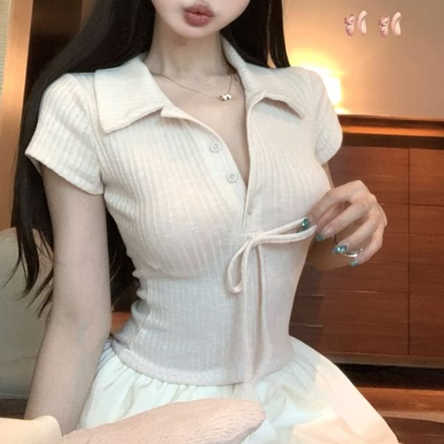 Mini Knit Collar Two-Piece Hem Dress Bow Ribbed Short-Sleeve Mock Panel A-Line Bubble