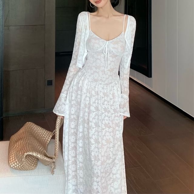 / Jacquard Spaghetti Floral Bolero Maxi Dress A-Line Strap