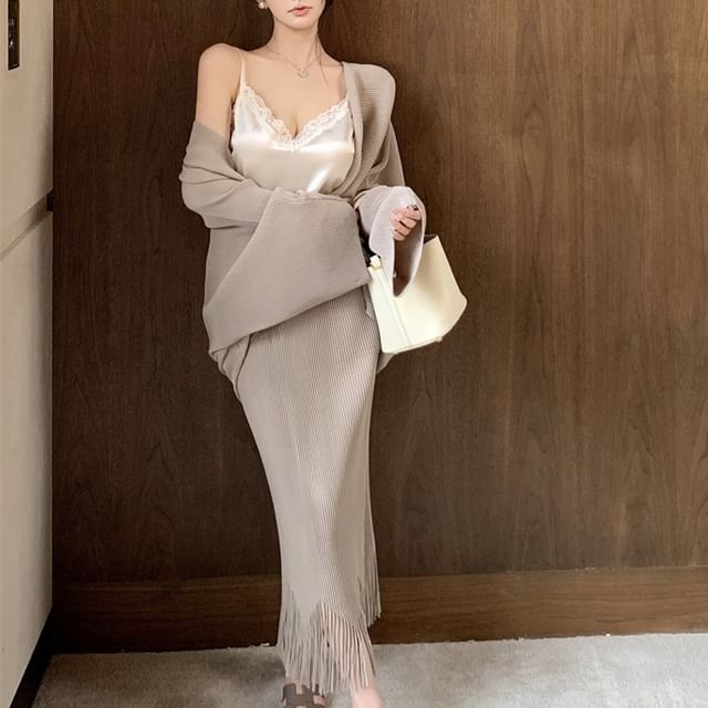 Front Trim Jacket Lace / Top Camisole Fringe High V-Neck Skirt Open Waist Pencil Plain Maxi