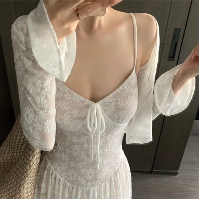 / Jacquard Spaghetti Floral Bolero Maxi Dress A-Line Strap