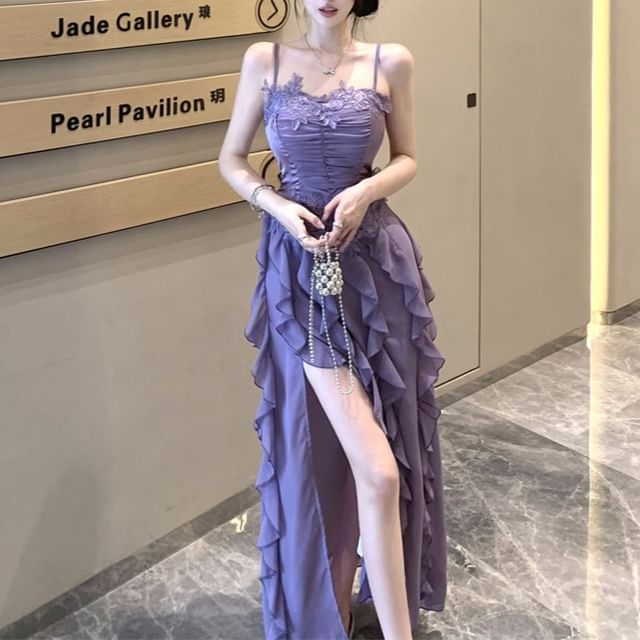 Panel Lace Plain Ruched Dress Strap Ruffle Spaghetti A-Line Maxi Slit